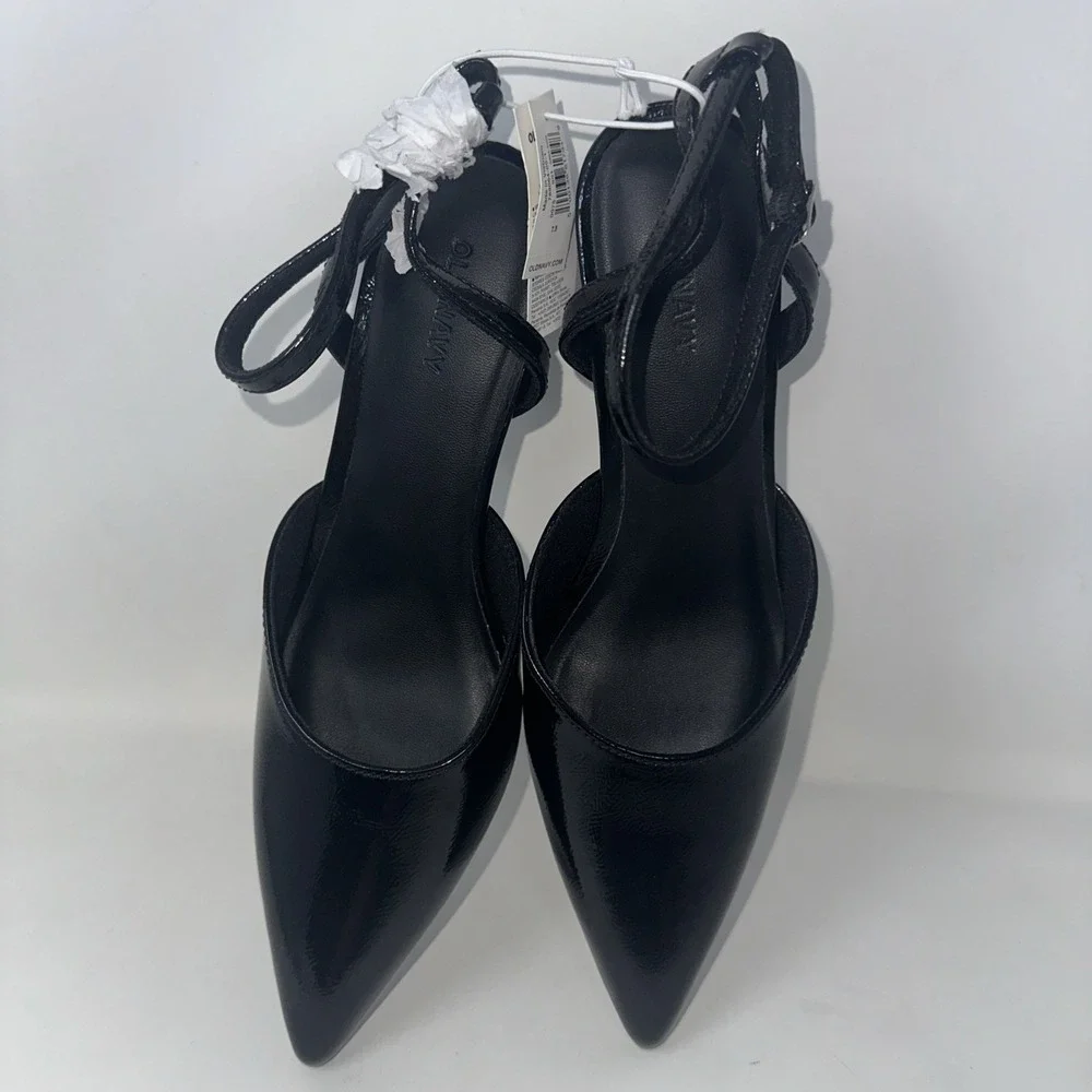 New Black‎ Patent Leather Pointed Ankle Strap Kitten Heels Pumps Size 7 1/2